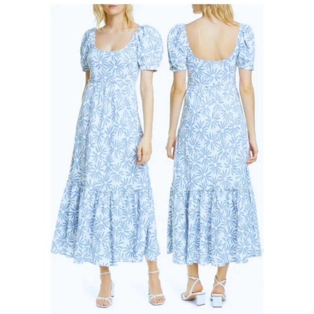 Polo Ralph Lauren 100% Linen Kai Floral Midi Dress Blue/White,‎ 12